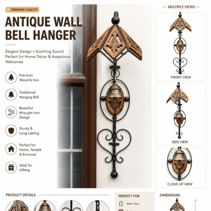 Antique Wooden & Iron Wall Hanging Bell